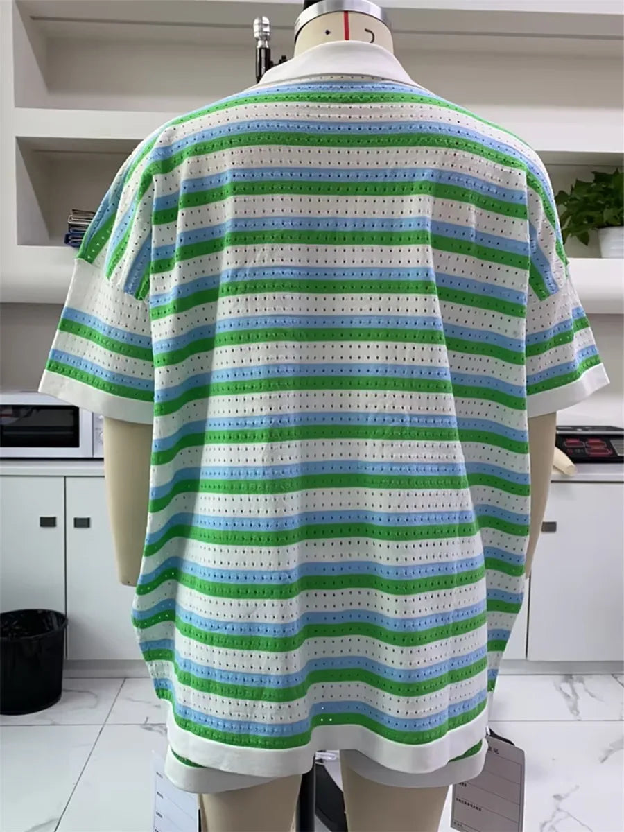 Conjunto de Pijama de Mujer de 2 Piezas Trajes de Salón Verano Rayas Contraste de Color Botón Tops de Punto de Ganchillo y Pantalones Cortos Conjuntos de Salón Playa