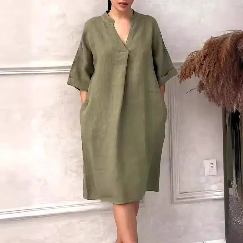 Fashion Cotton And Linen Women's V-neck Loose Dress Spring And Summer Solid Color Casual Short Sleeved Pocket Midi Dresses