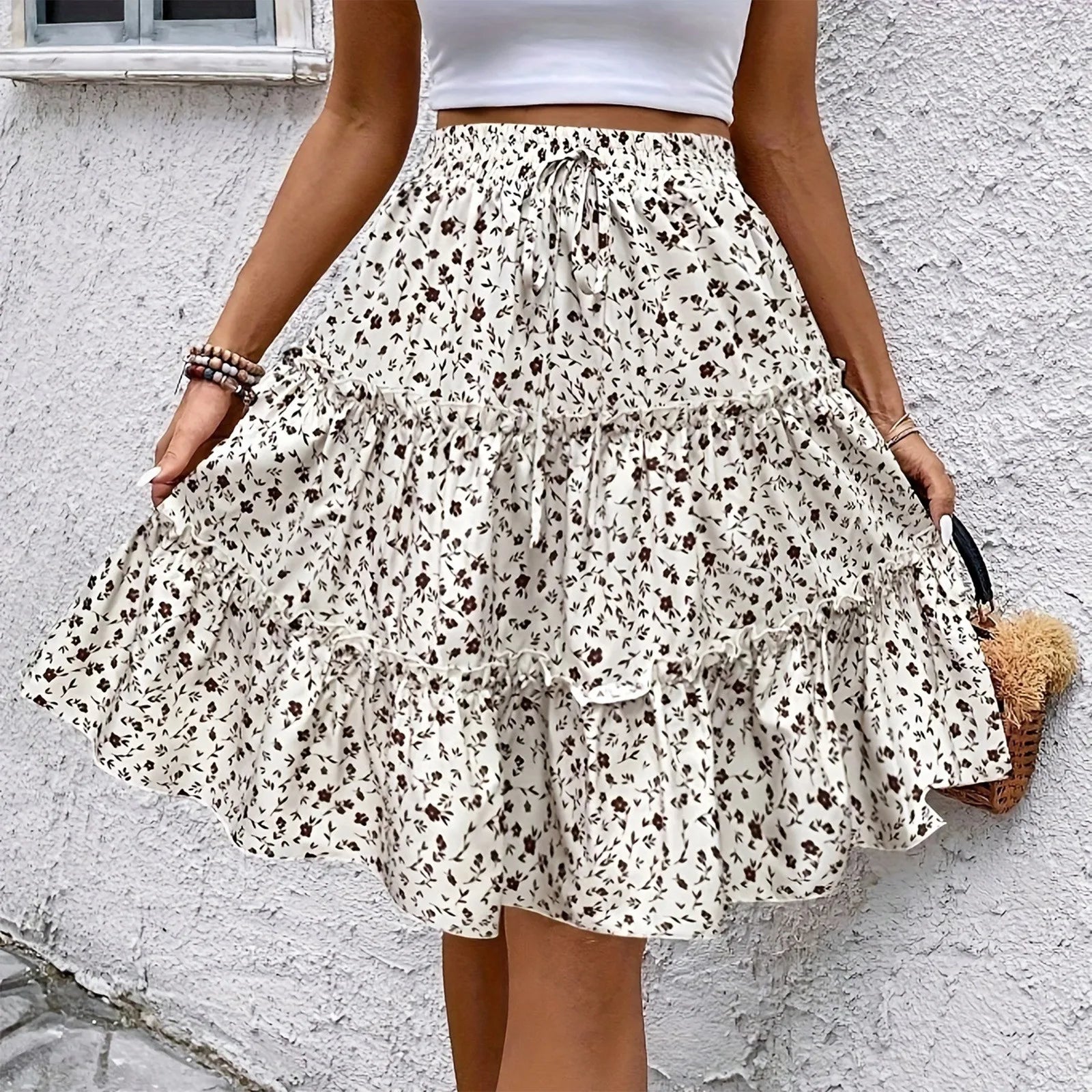 Women's Spliced Cake Skirt Fashionable Floral Print Elastic Waist Strap Versatile Casual Skirts Comfortable knee-length skirt