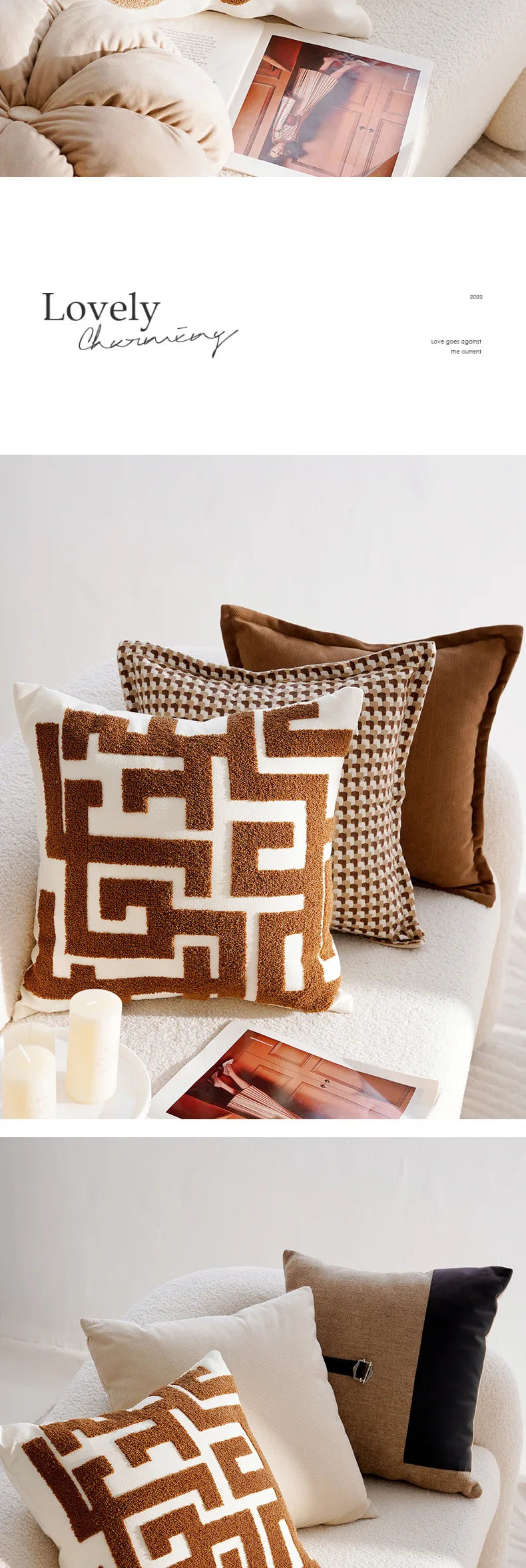 Pillow Cover in Cream Color, Retro Style, Brown French Sofa Waist Cushion Cover 45x45cm Pillowcase