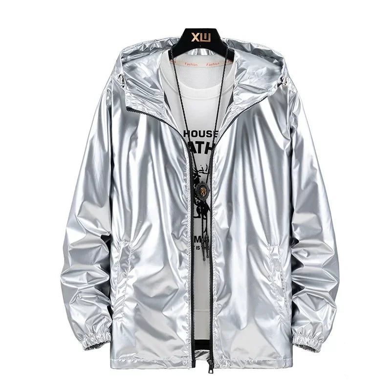 Chaquetas con capucha de superficie brillante para hombre, para senderismo, pesca, deportes al aire libre, cortavientos, estilo fino, abrigos de tendencia, ropa de hombre 7XL