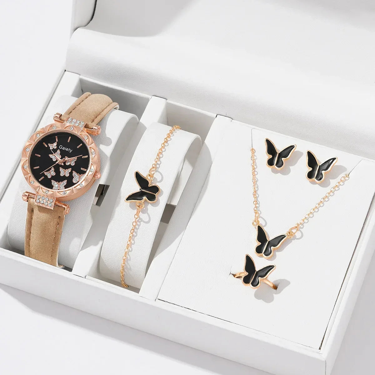Conjunto de Reloj, Anillo, Collar, Pendientes y Pulsera para Mujer Relojes de Mariposa con Correa de Cuero reloj de señora relogios feminino reloj mujer