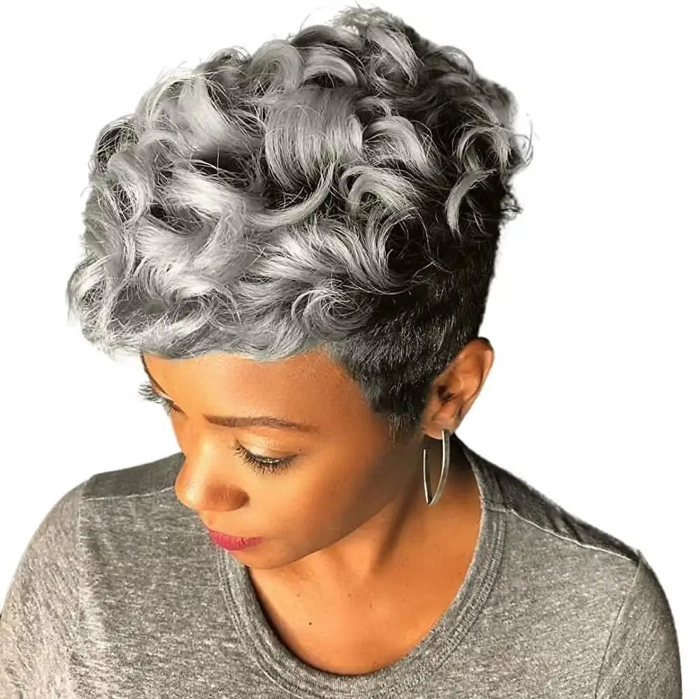 Black women's elf short wig, curly black short wig, black women's synthetic wig, natural, wavy, black elf hairstyle