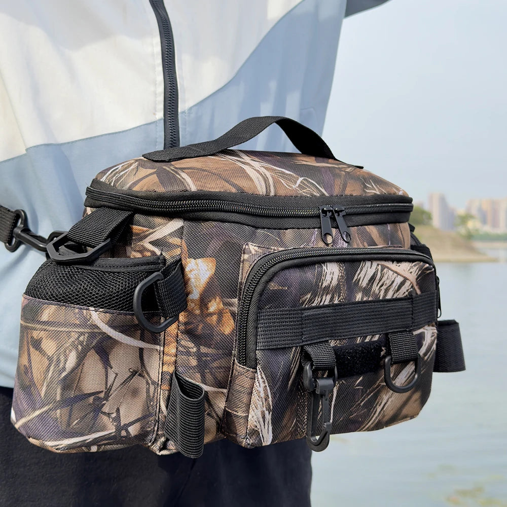 Mochila de pesca, caja de señuelos, bolsa de almacenamiento de aparejos, riñonera para hombres, mochila de pesca con mosca con soporte para caña, bolsa de hombro.