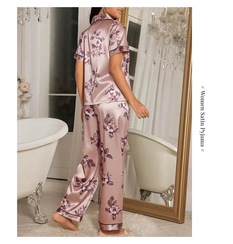 Pijama de satén elegante para mujer, conjunto de pijama con estampado floral, top de manga corta con botones y solapa, y pantalón largo para dormir o estar en casa