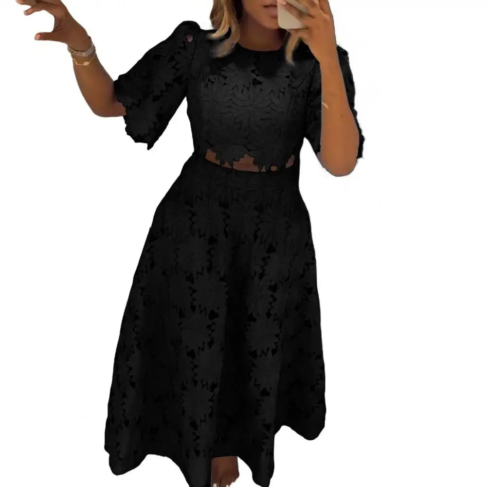 Women's 2 Piece Skirt Set Hollow Out Flower Outfits Short Sleeves Round Neck Top High Waisted Maxi Skirt Set Summer Vacation Set