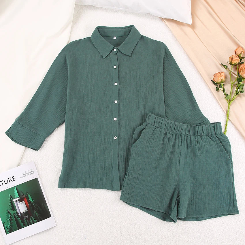 Cotton Pajamas For Women Sets Suit Casual Sleepwear Turn-Down Collar Nine Quarter Sleeve Sleep Tops Shorts Female Homewear 2023