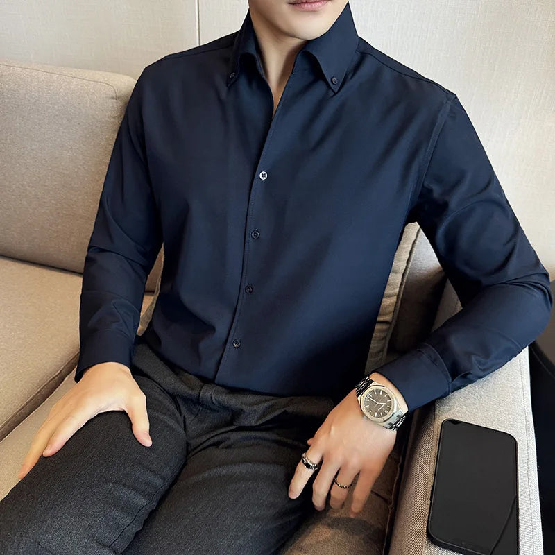 Men Dress Shirt Autumn British Style Solid Casual Slim Fit Formal Camisas V-neck Long Sleeves Shirt Streetwear Men Clothing