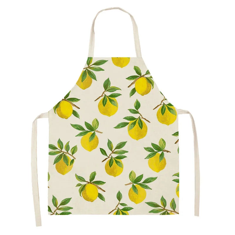 Delantal de cocina para mujer, para cocinar, limpieza del hogar, algodón, lino, estampado de frutas y limón, diseño característico