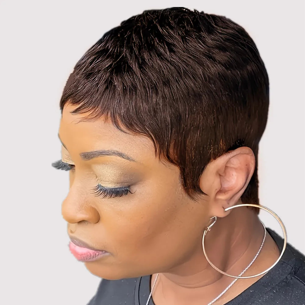 Peluca de cabello humano corto, liso y en capas, color marrón, negro, borgoña, para mujer, para uso diario o fiestas, peluca de corte pixie, hecha a máquina.
