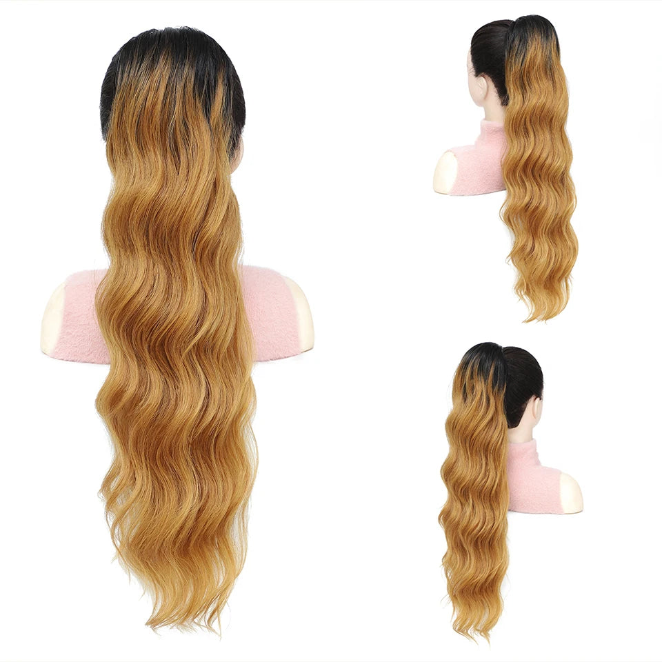 Extensions de queue de cheval bouclée à cordon de serrage de 28 pouces, postiche synthétique à clipser pour femmes noires, longues perruques ondulées pour filles afro