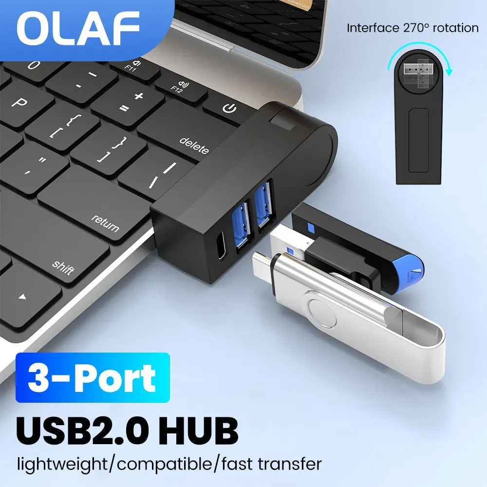 3 in 1 USB HUB 270° Rotatable Multi-ports USB 2.0 Hub Laptop Office Multi Function Reading U Disk Adapter Type C High Speed HUB