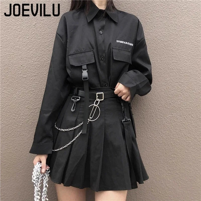 Gothic Skirt Set Long Sleeve Shirt Pleated Skirt 2 Piece Sets Women's Dark Clothes Korean Retro Casual Outfit Fashion Y2k Suit