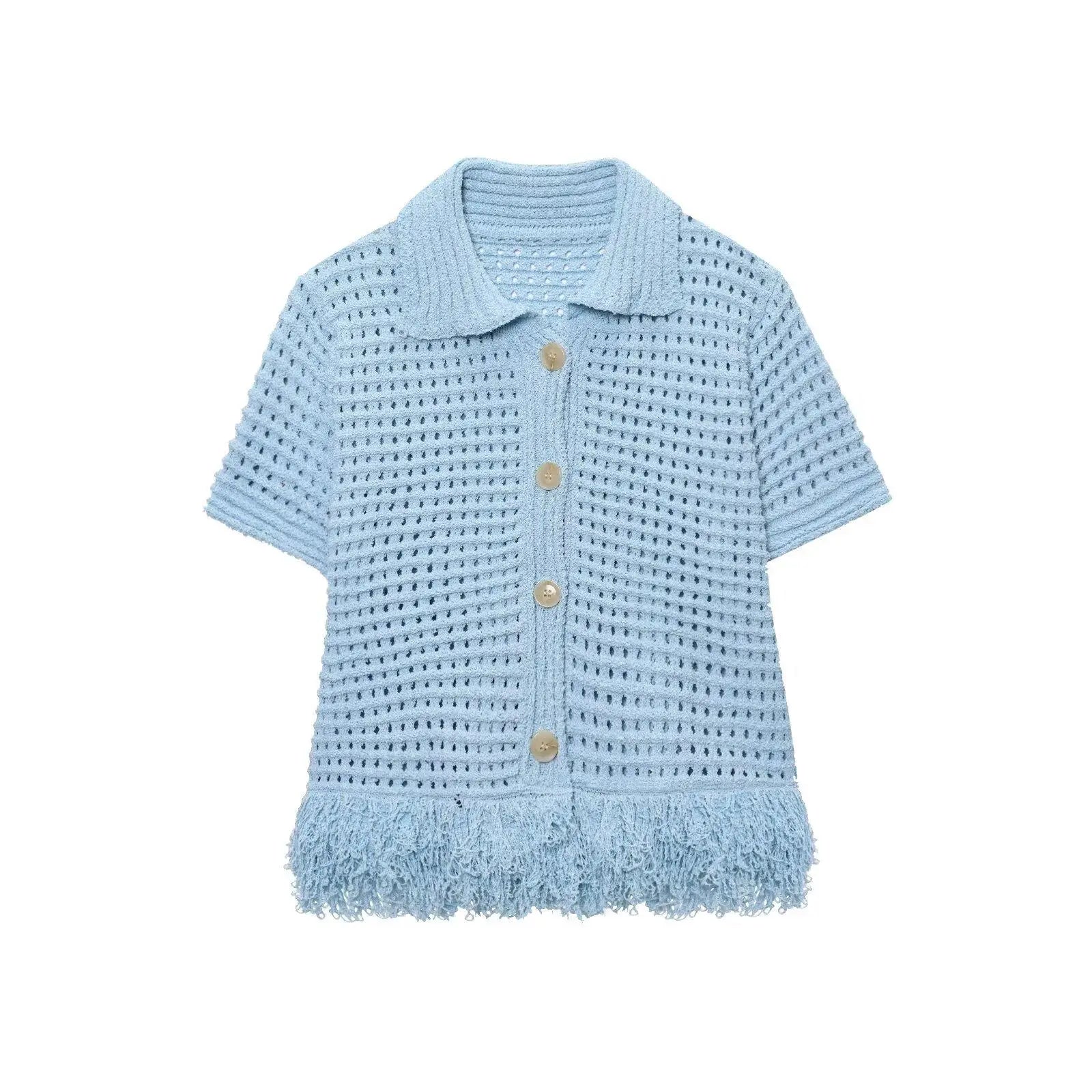 HipSeam Fringed Check Knit Skrts Sets Short Sleeved Lapel Button Tops Sexy Hip High Waist Skirts 2 Piece Set Women's Outfits