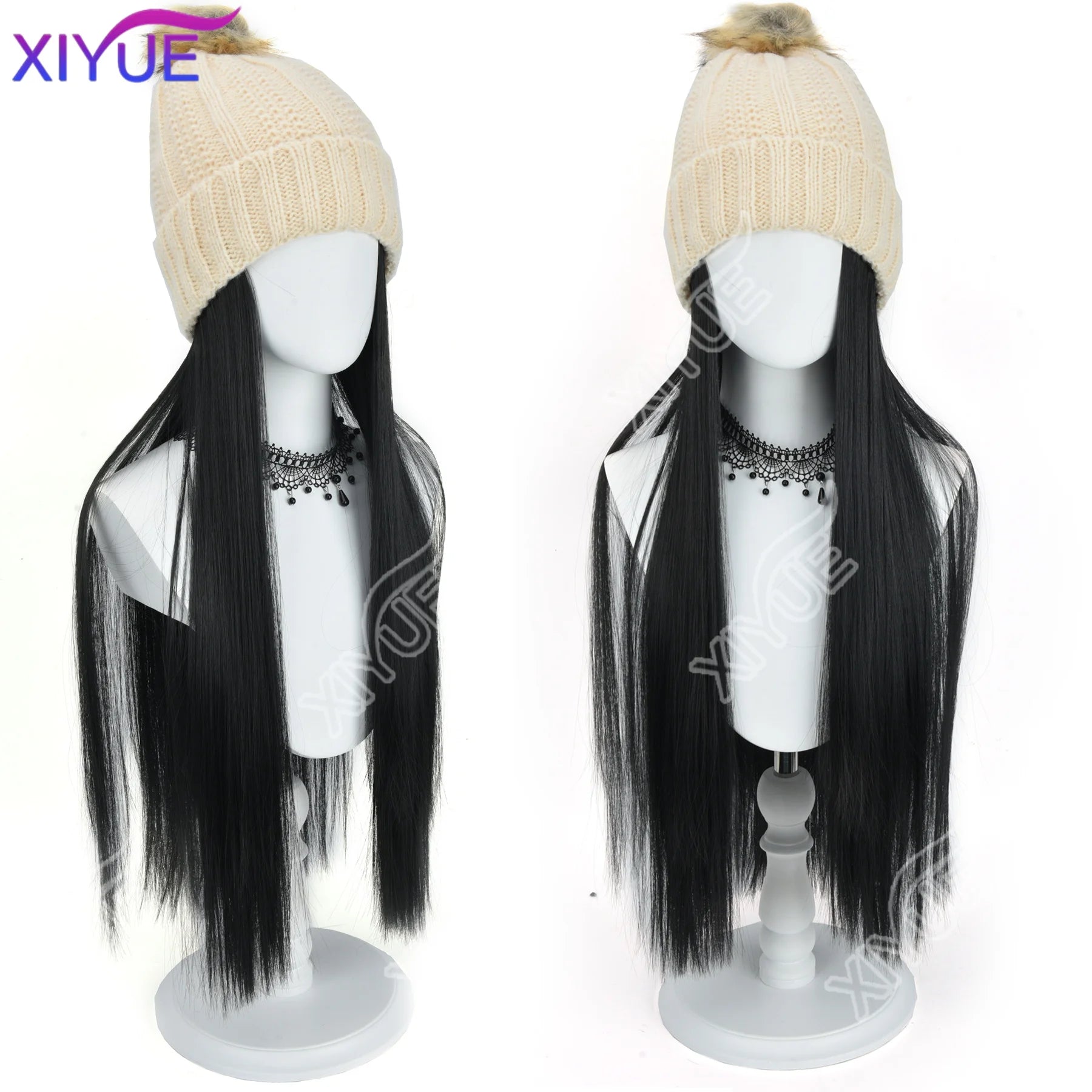 Sombrero de peluca de ala ancha sintético negro con correa para peluca de mujer, peluca sintética larga con ondas de agua, gorro de esquí cálido de felpa tejida para otoño e invierno