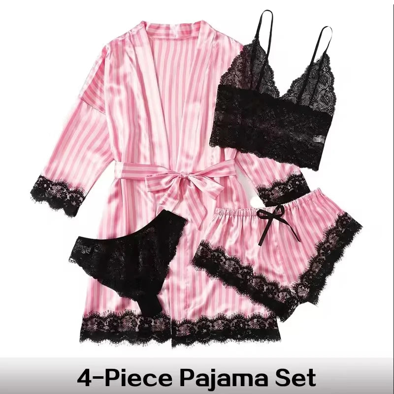 Women Satin Silk Pajamas Set 4 Pcs outfit Sexy Striped Lace Nightwear Sleepwear Ladie Lingеrie Robe Pajama Pants New in Matching