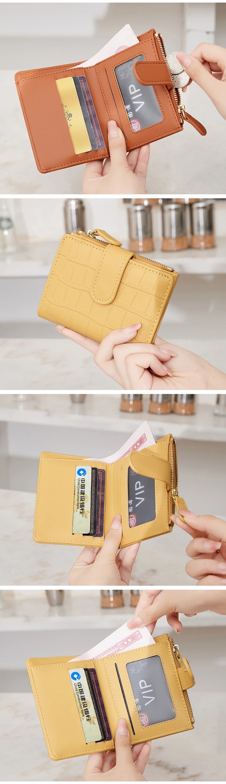 Klassisk luksuslommebok med kortklips, liten, multifunksjonell, PU-håndveske i skinn, ensfarget, dobbel fold, dame, ZeroWallet