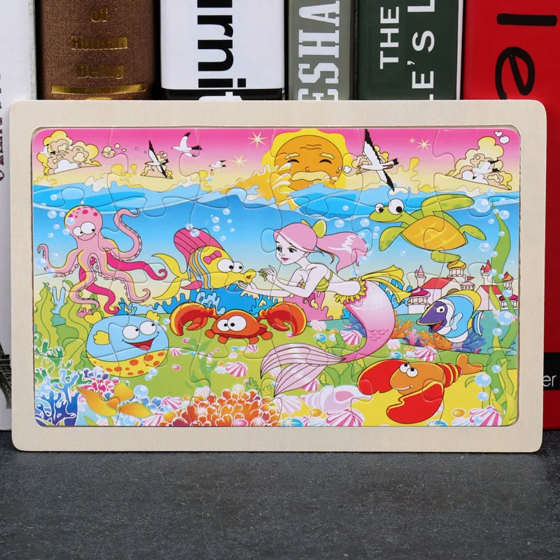 New 24 Pieces Wooden Puzzles Kids Cartoon Animal Wood Jigsaw Early Educational Learning Toys for Children GIFT