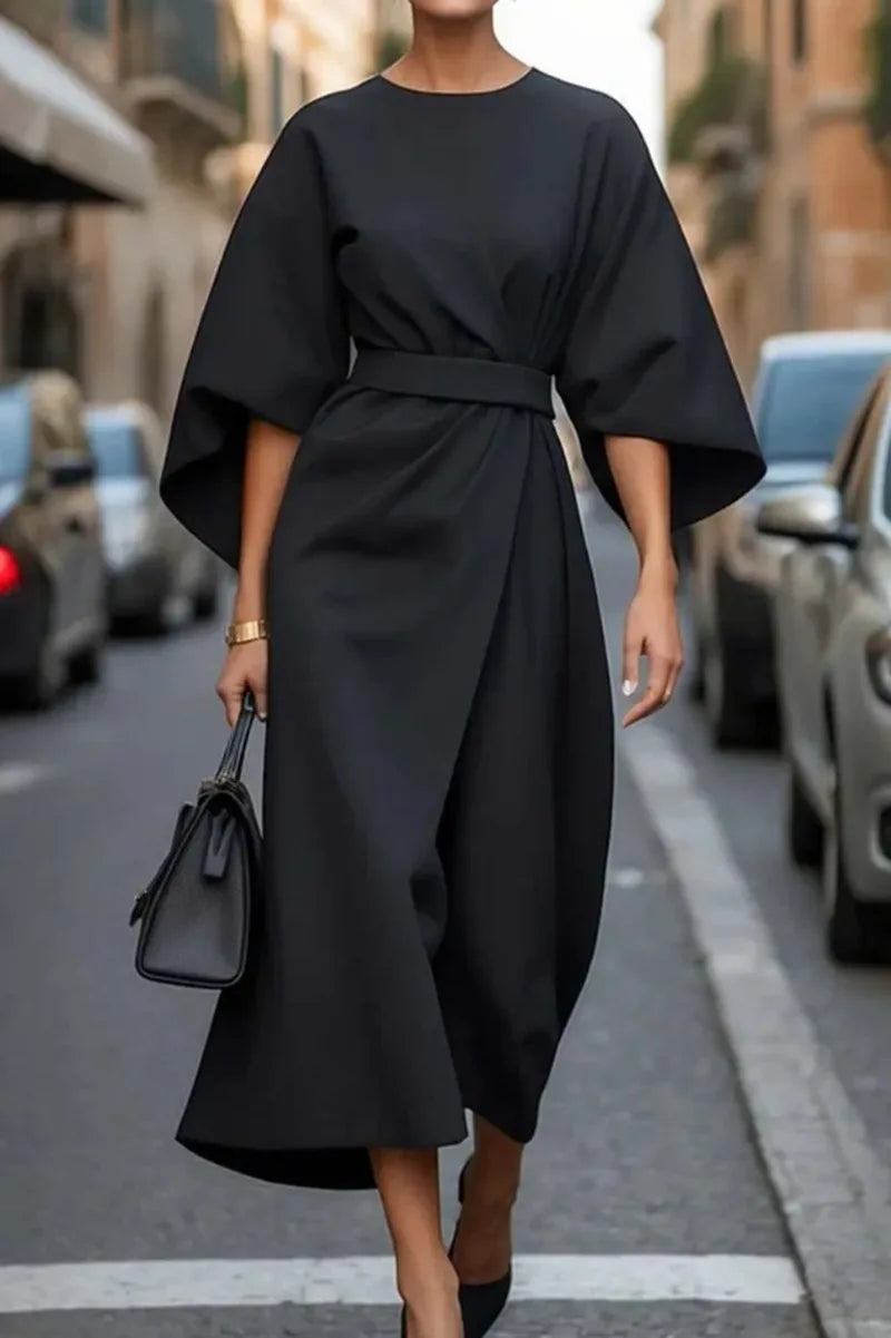 Women's Clothing Fashion Black Dress Temperament Elegant Casual Waist-closing Maxi Bat Sleeve Dresses For Women Robe Femel