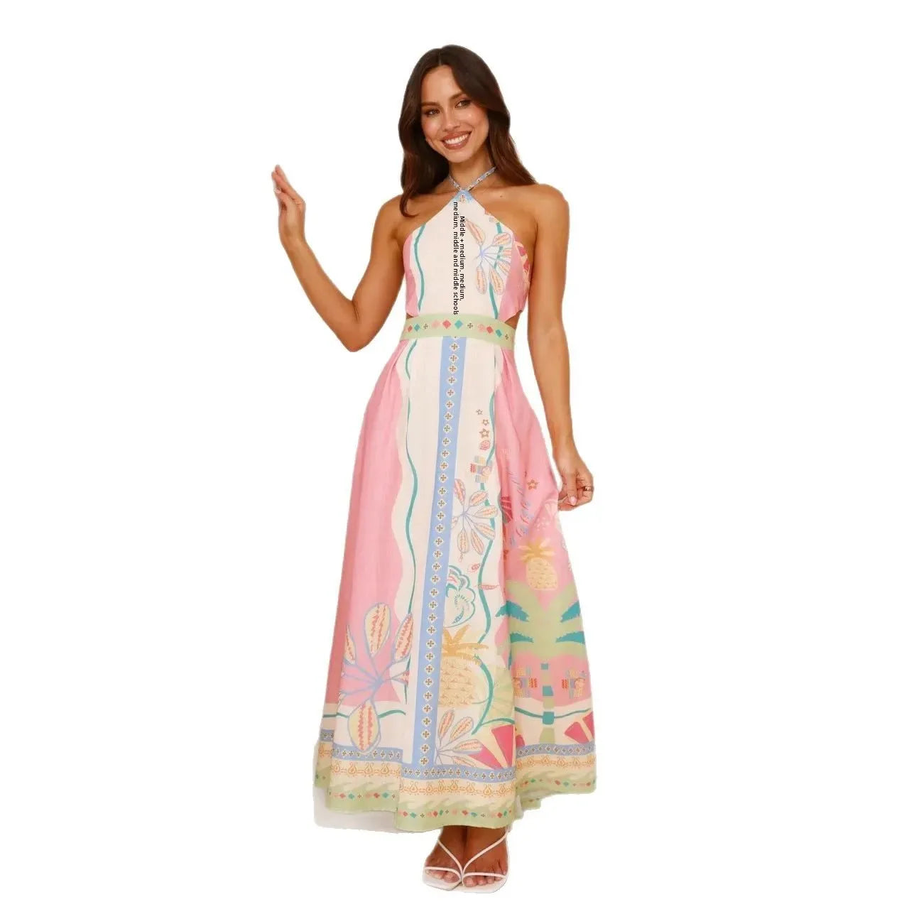 Sexy Long Neck Hanging Strap Backless Dress New Independent Station Cross-Border Sleeveless Knee-Length Polyester Fiber