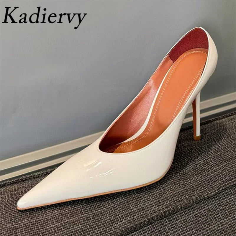 New High Heels Shoes Woman Pointed Toe Slip-on Women Pumps Patent Leather Thin Heels Runway Mules Shoes For Women
