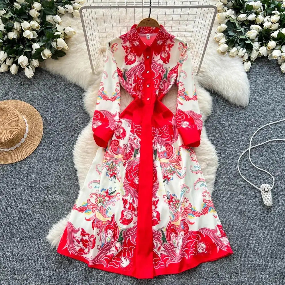 Fashion High-End Feeling Gown Dress Elegant European Court Style Long Printed Slimming New Women's Design Sensation Retro Summer
