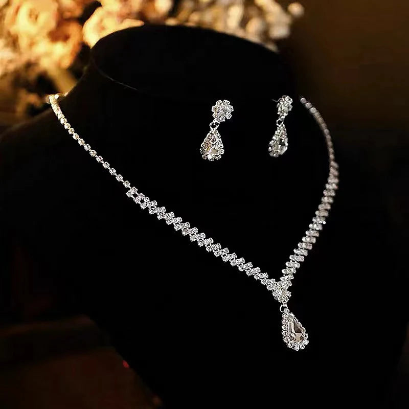 Juegos de collar y pendientes de cristal de diamantes de imitación con forma de gota de agua, 3 piezas, de moda sencilla, para mujer, boda, novia, juegos de joyas, accesorios de regalo