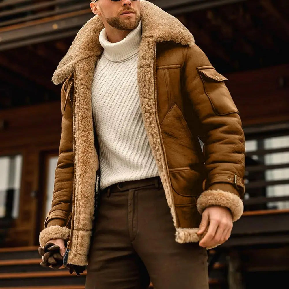 Faux Fur Faux Leather Men Jacket Thickened Plush Lining Winter Men Jackets Vintage Lapel Furry Coldproof Keep Warm Winter Coat