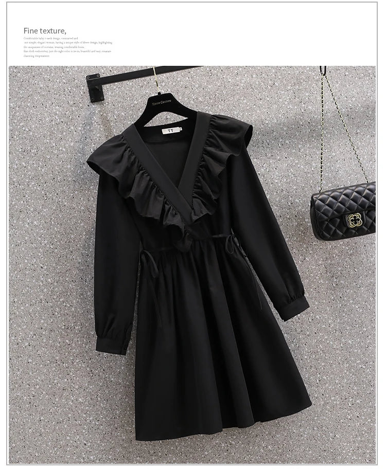 Plus Size Dresses Women Autumn New Arrivals Long Puff Sleeve Black V Neck A Line Dress Large Size Women Clothing Dress