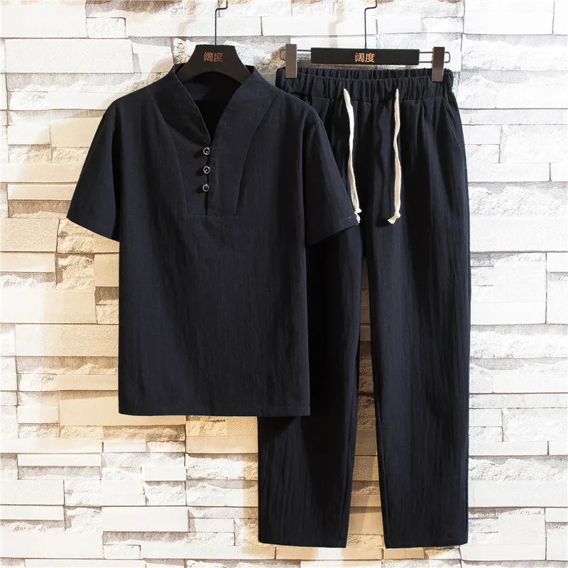 men's casual shirts (Shirt + trousers) summer men shirt Man Cotton and linen shirts Short sleeve men A set of clothes M-5XL