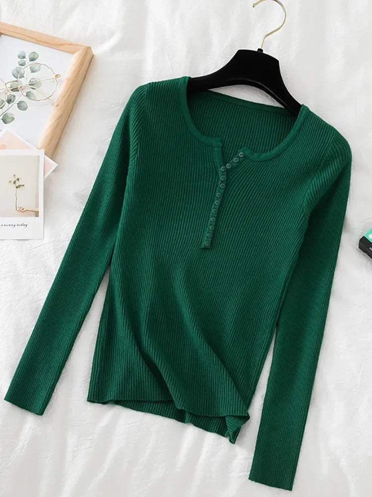 Korea Autumn Winter Button V Neck Sweater Women Basic Slim Pullover Women Sweaters And Pullovers Knit Jumper Soft Warm Tops