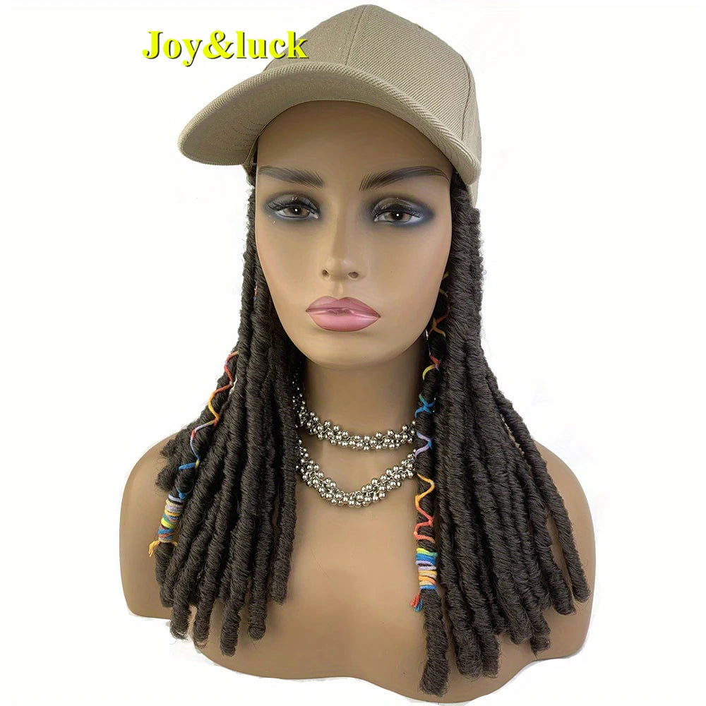 18 Inch Burgundy Baseball Cap Wig with Crochet Twist Braids | Synthetic Faux Locs Dreadlocks Braided Hat Wig for Women