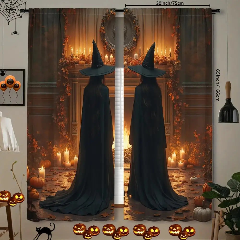 2pcs- Halloween Witch Magic Print Curtains, pole bag home decoration, room decoration