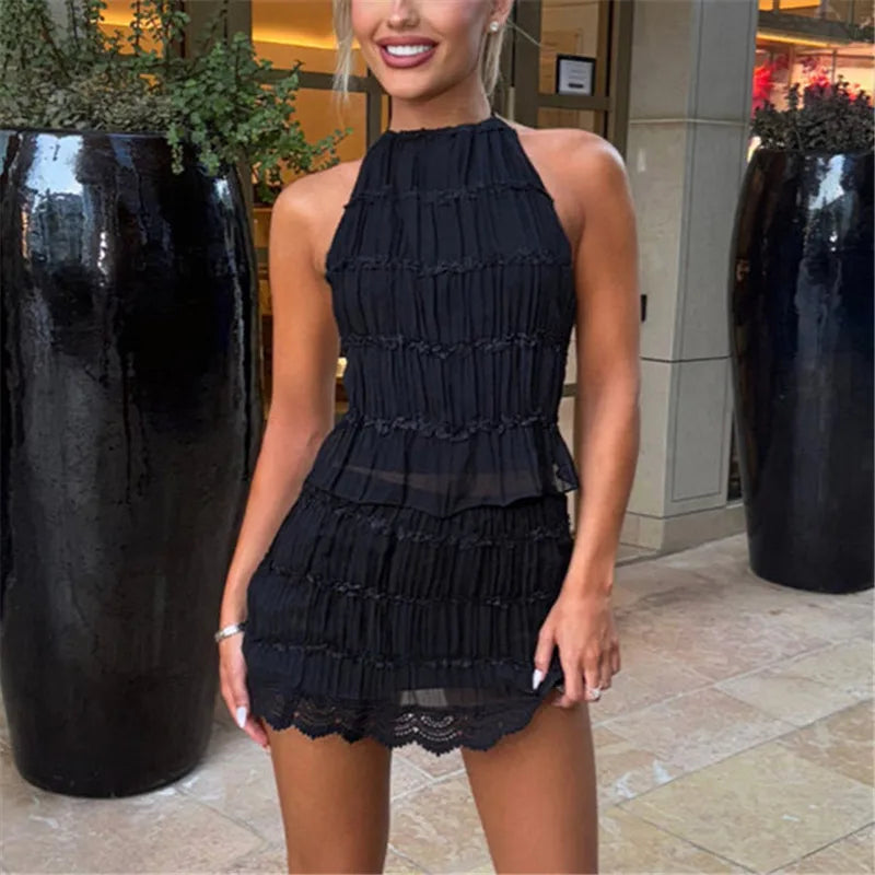 Two Piece Skirt Set for Women Y2k Lace Sheer Mesh Ruched Halter Top Smocked Mini Skirt Summer Beach Matching Outfits