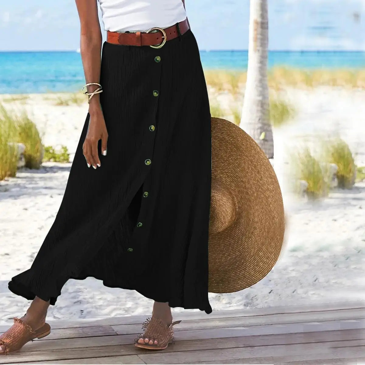 Women Skirt Spring Summer New Fashion Casual Cotton And Linen Solid Color Buttons Skirt Split A- Line Hip Waist Long Skirt