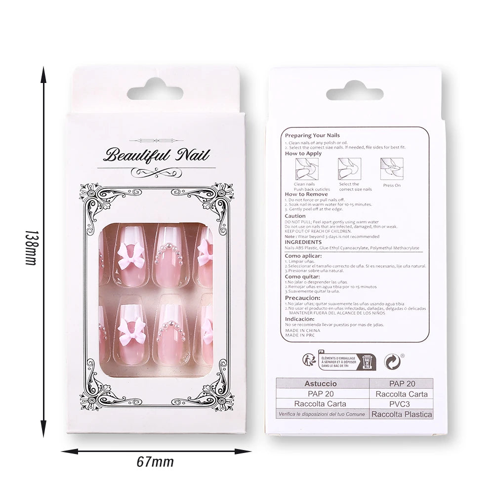 24Pcs 3D Stereo Bow Pearl French False Nails Pink Long Coffin Wearable Ballerina Fake Nails Full Cover Acrylic Press on Nail Tip