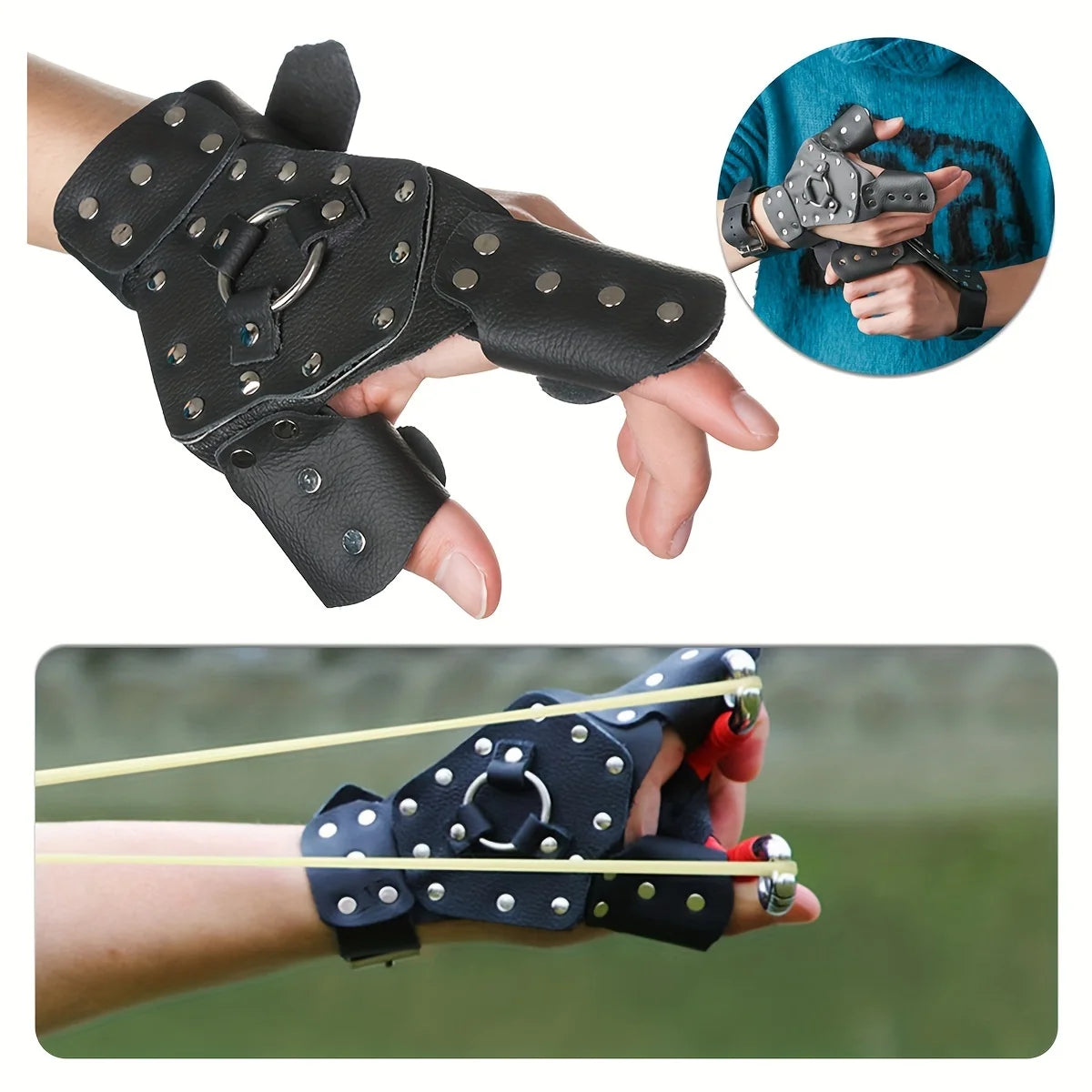 Outdoor sports protective gloves: slingshot/archery/darts/fishing rivets, leather gloves, black fixed wrist sleeves