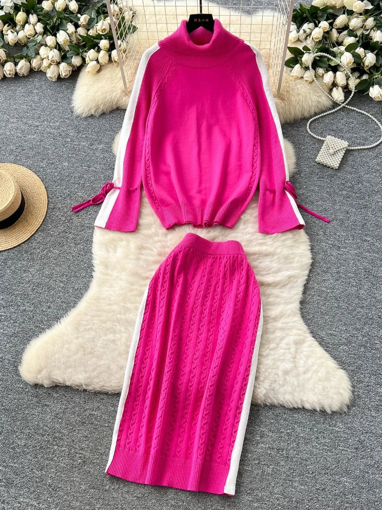Two Piece Sets Women Skirt Set Turtleneck Knitted Full Sleeve Tops Mid Length Skirts Wrap Hip High Waist Y2k Streetwear Elegant