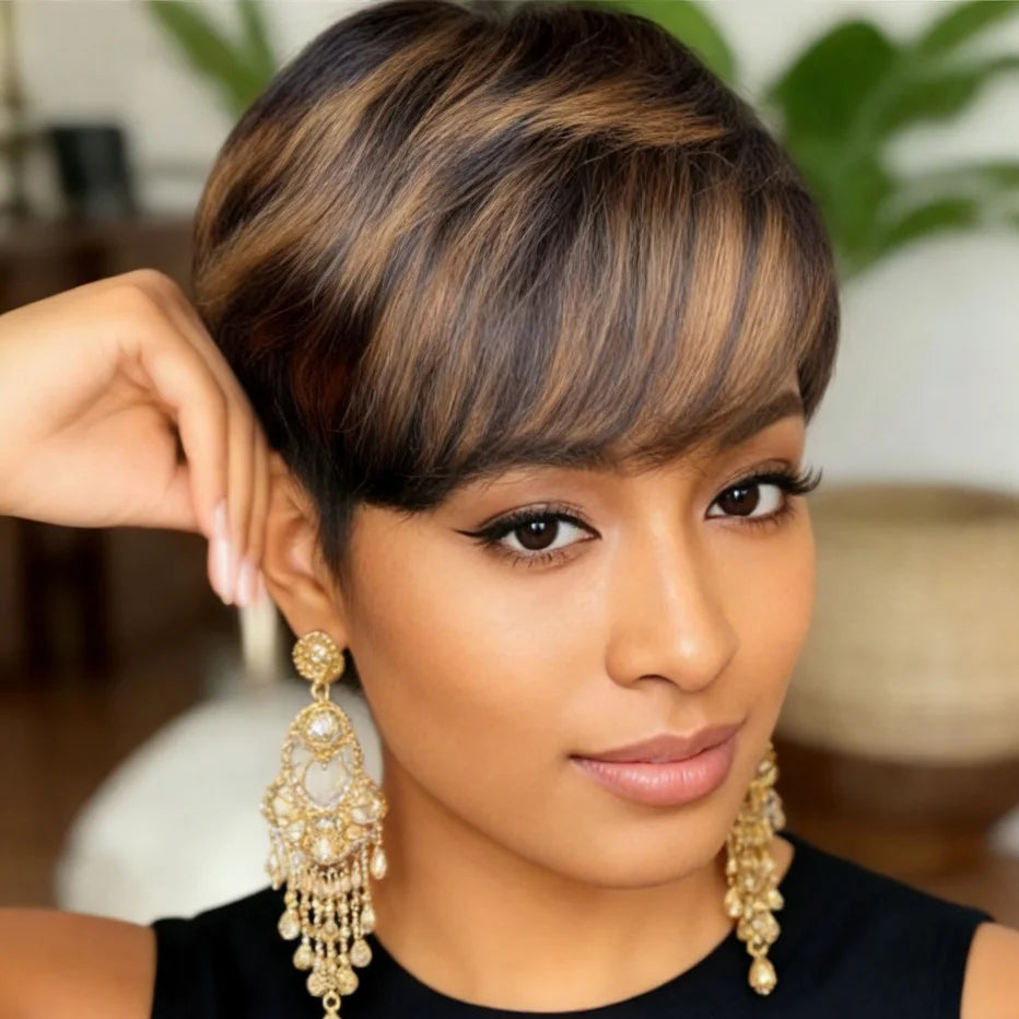 Perruque Courte Cheveux Humains Lisses Coupe Pixie Perruque Cheveux Humains Avec Frange Perruque Entièrement Faite À La Machine Perruque Couleur Ombrée