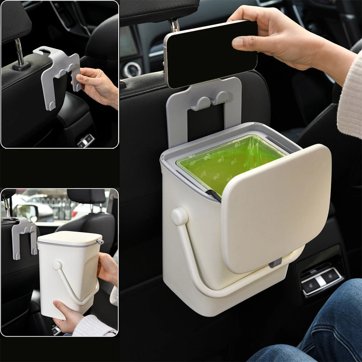 Car trash can with mobile phone holder function car rear seat storage box with lid for private car rear seat cleaning bucket 5L