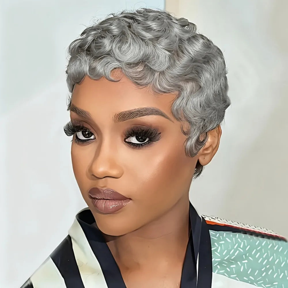 Remy Human Hair Wig - full machine made wig 150% Density short Curly Pixie Cut with Bangs, Grey/613 Salt & Pepper Texture,