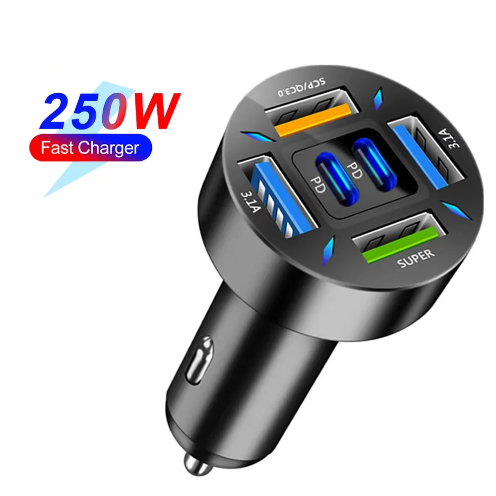 Cargador de coche PD de 250 W, carga rápida QC3.0, enchufe de encendedor de cigarrillos para coche 6 en 1, cargador de coche de 5 puertos con carga rápida y pantalla digital