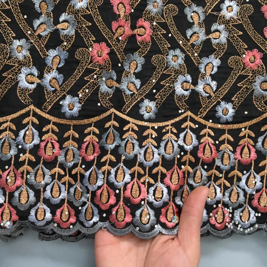 Kalume Swiss Voile Embroidery Lace Fabric 5Yards Cotton Lace with Rhinestones Nigerian for Sew Ladies Wedding Dress F4209