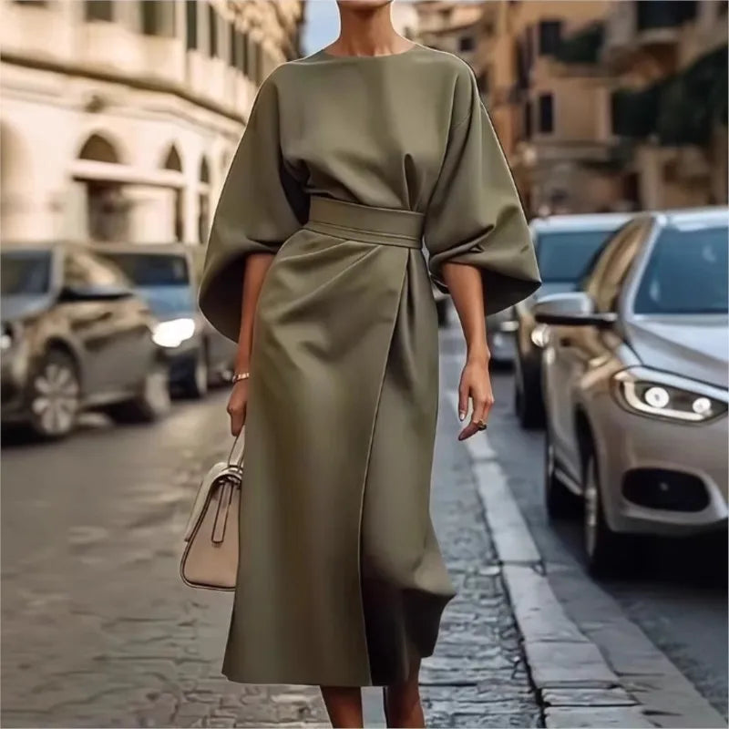 Women's Clothing Fashion Black Dress Temperament Elegant Casual Waist-closing Maxi Bat Sleeve Dresses For Women Robe Femel