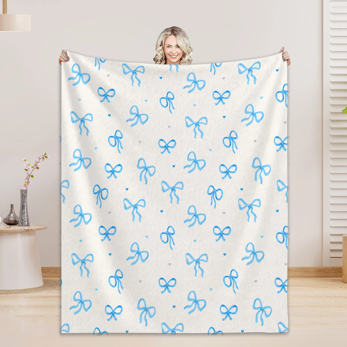 1PC Throw Blanket Blue Bow 3D Printed Soft Fuzzy Nap Blanket Bedspreads All Seasons Gifts For Girl Women Adult Flannel Blanket