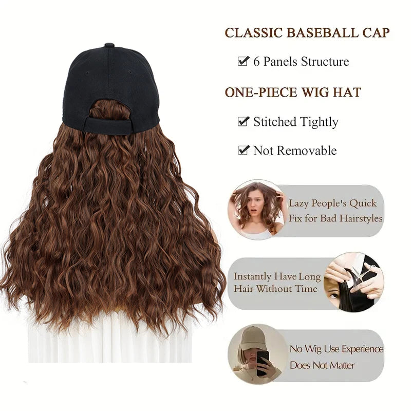 Synthetic 18Inch Long Curly Elegant Black Baseball Cap Hat Wig Heat-Resistant Hair Easy Wear Versatile for All Occasions