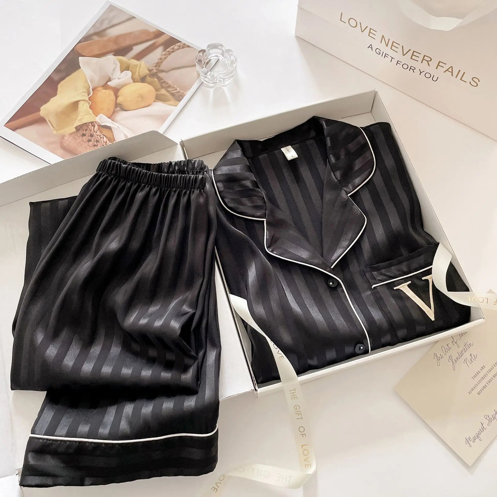 Women's Striped Pajamas Set Satin Long Sleeved Lapel Shirts Nightwear Sexy Lingerie Home Clothes Loose Sleepwear Loungewear