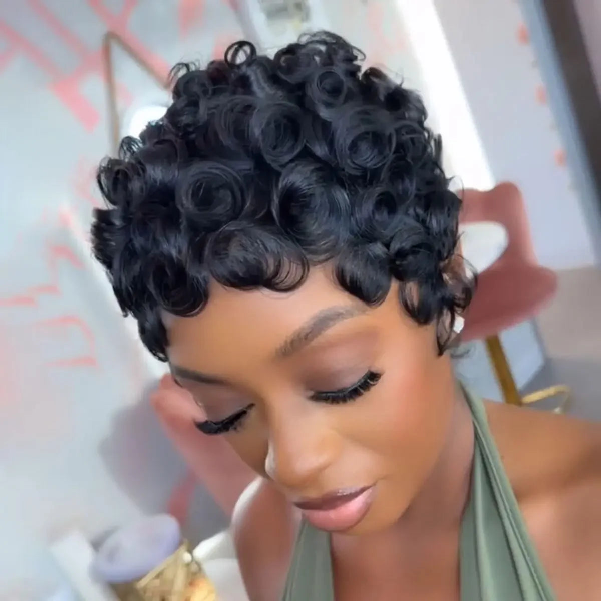 Natural Black Brazilian Curly Pixie Cut Human Hair Wig, Glueless Short Layered Wig With Bangs, Comfortable Breathable Real Human Hair, Easy Wear No Glue Design, Stylish Hairstyle Accessory for Women Daily Party Travel Photogr
