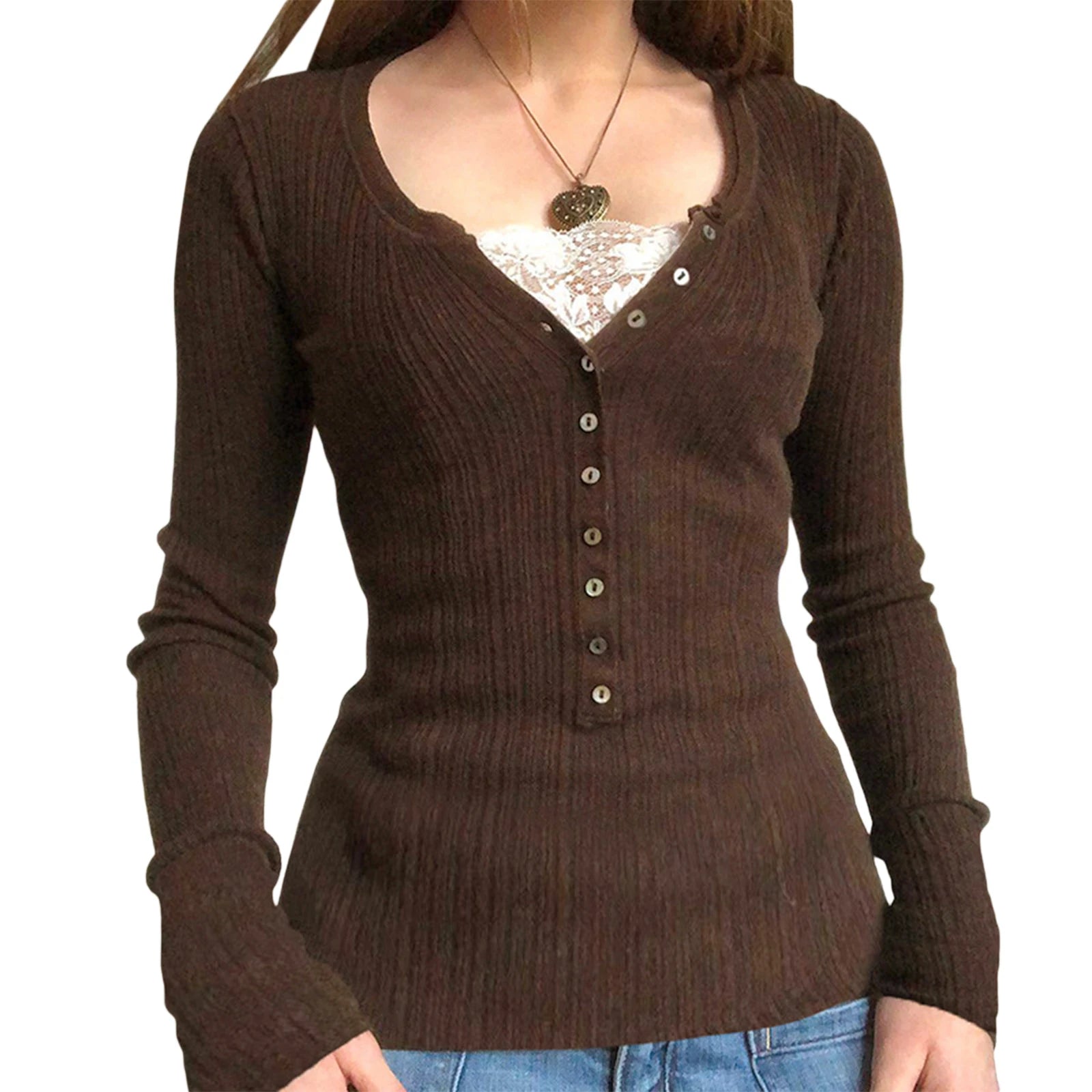 Vintage Lace Patchwork Cute Cotton Tshirts Women Korean Fashion Button Fairy Grunge Y2K Clothes Casual Spring Autumn Retro Tops
