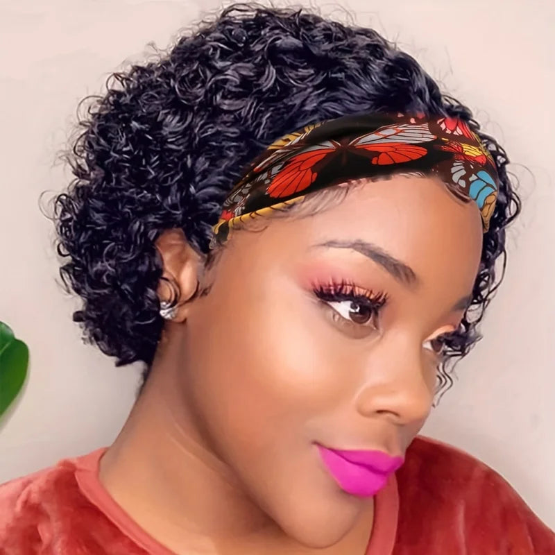 Water Wave Short Curly Pixie Cut Headband Wig for Women Remy Brazilian Human Hair Full Machine Made wig